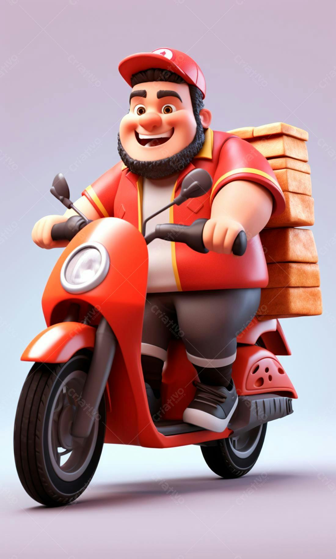 Entregador feliz em moto vermelha com pizzas