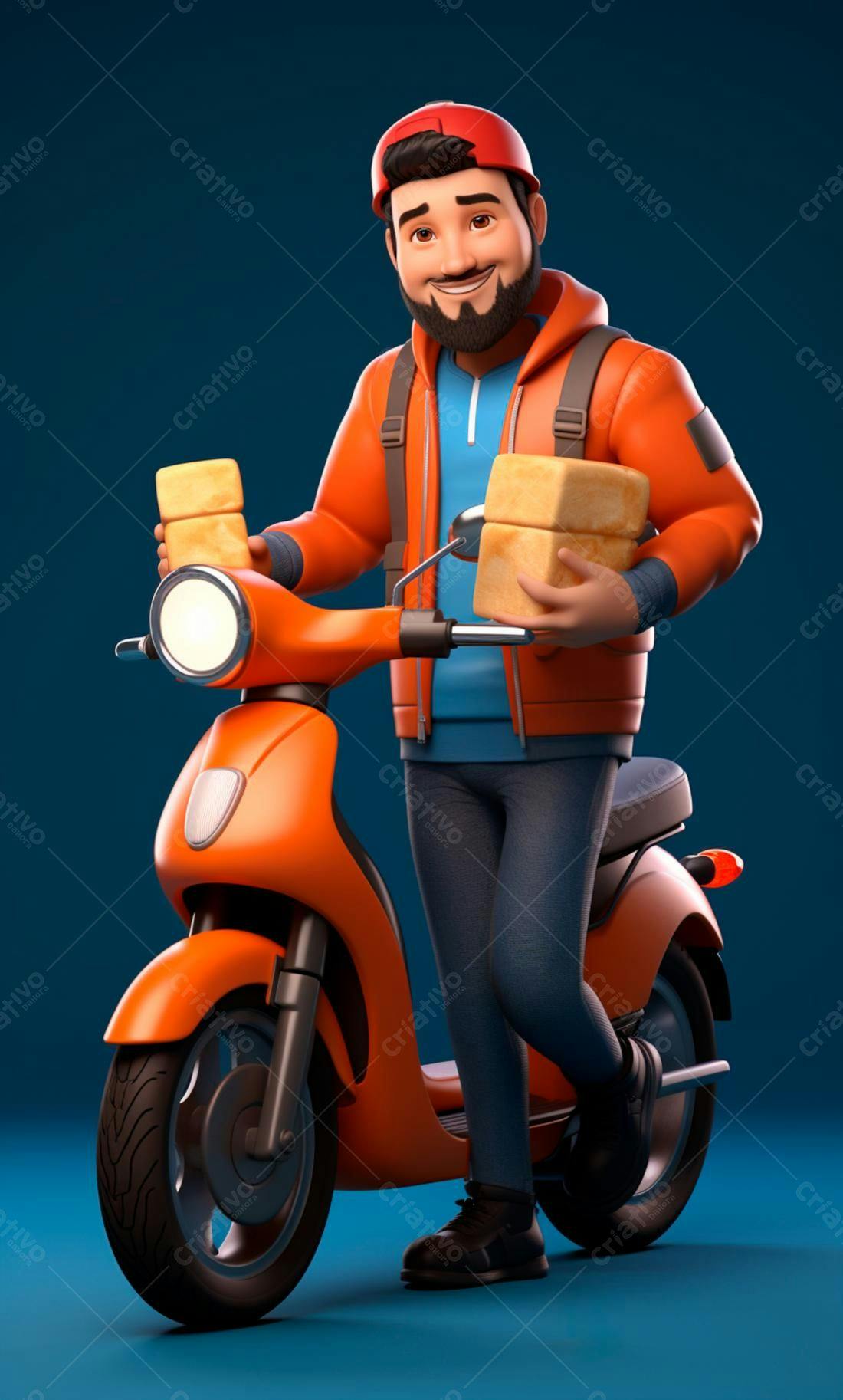Entregador com scooter laranja e encomendas