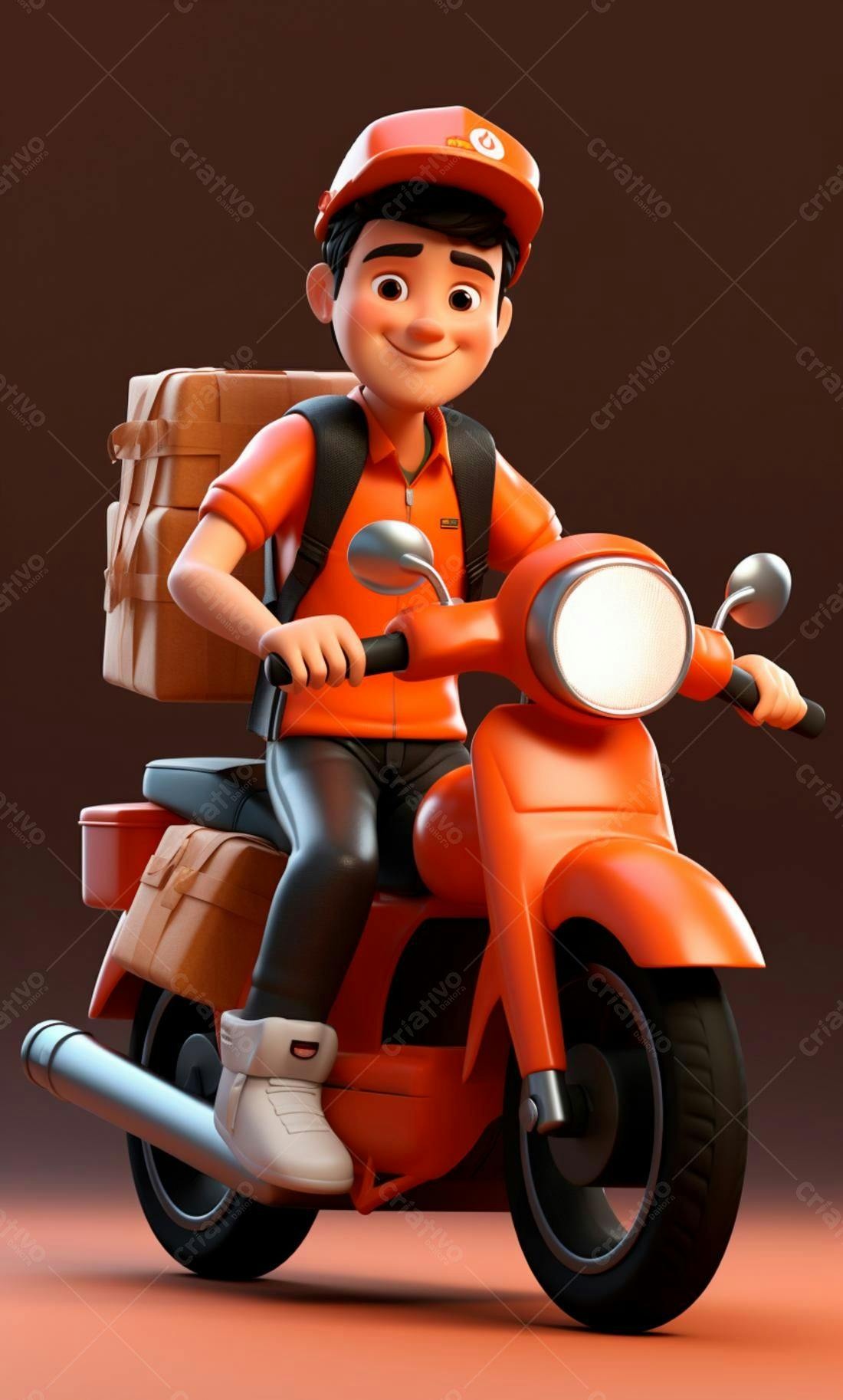 Entregador em moto laranja ilustração 3D