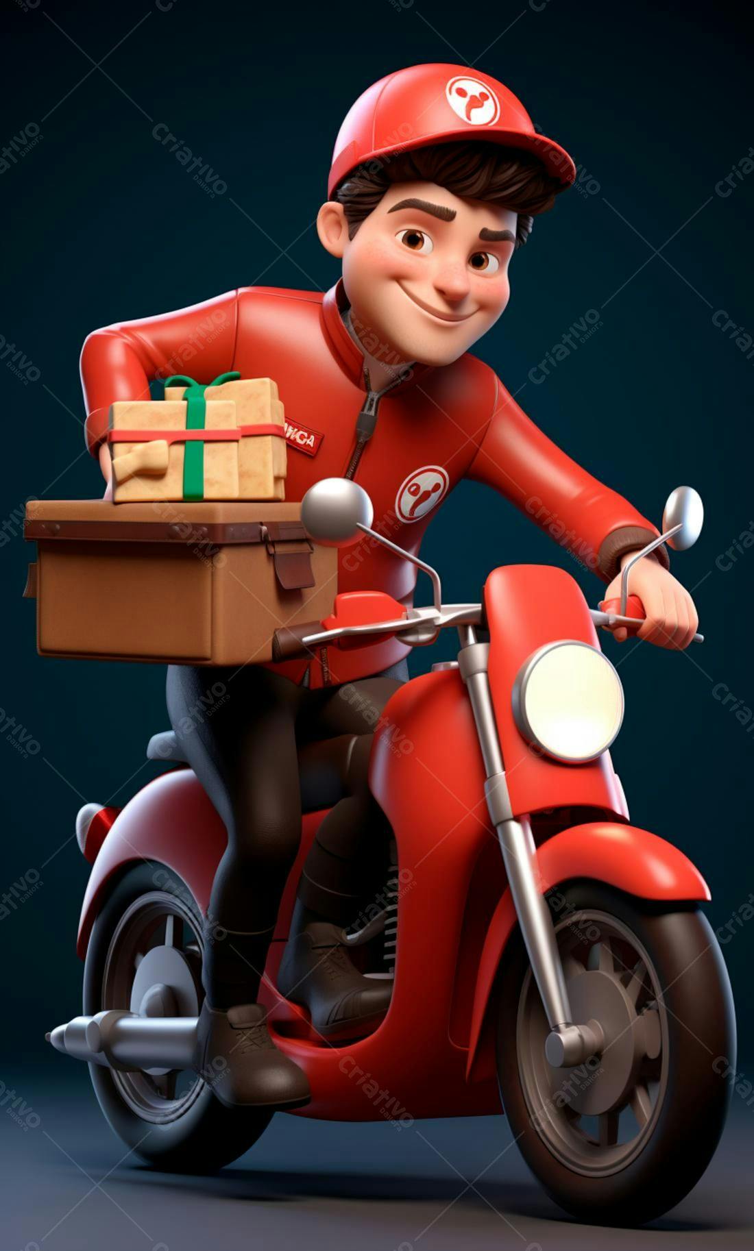 Entregador animado em moto vermelha com presentes