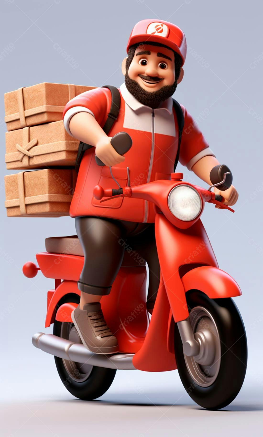 Entregador feliz em moto vermelha com pacotes