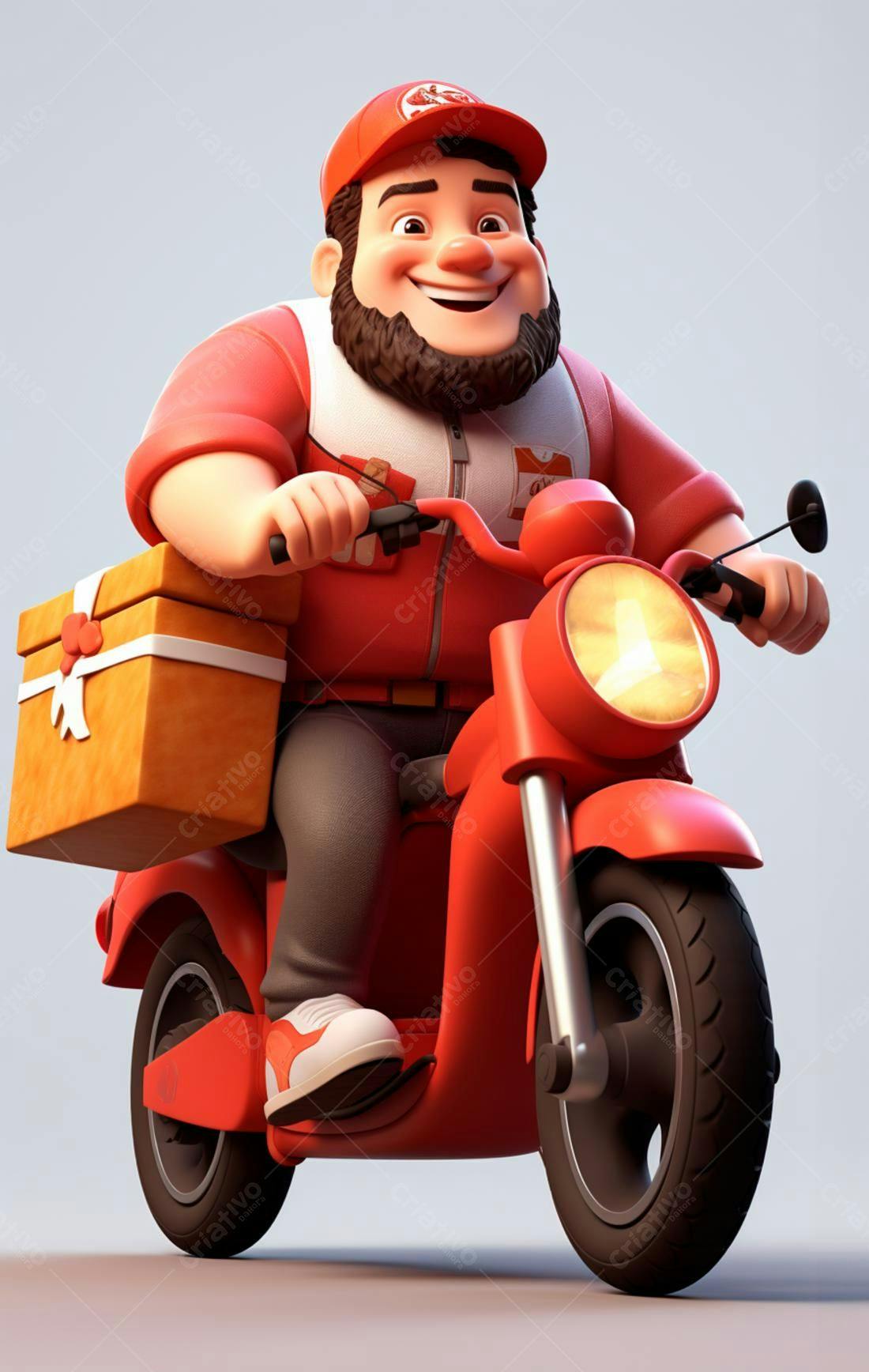 Entregador feliz em moto vermelha com presente