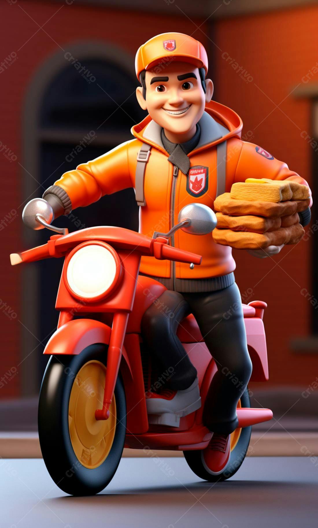 Entregador alegre em moto vermelha entregando panquecas