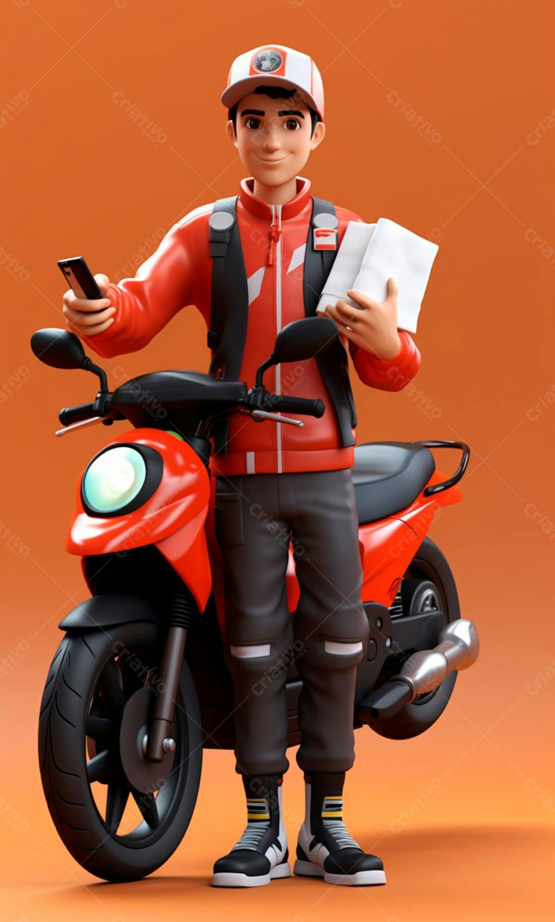 Entregador com moto vermelha e encomendas