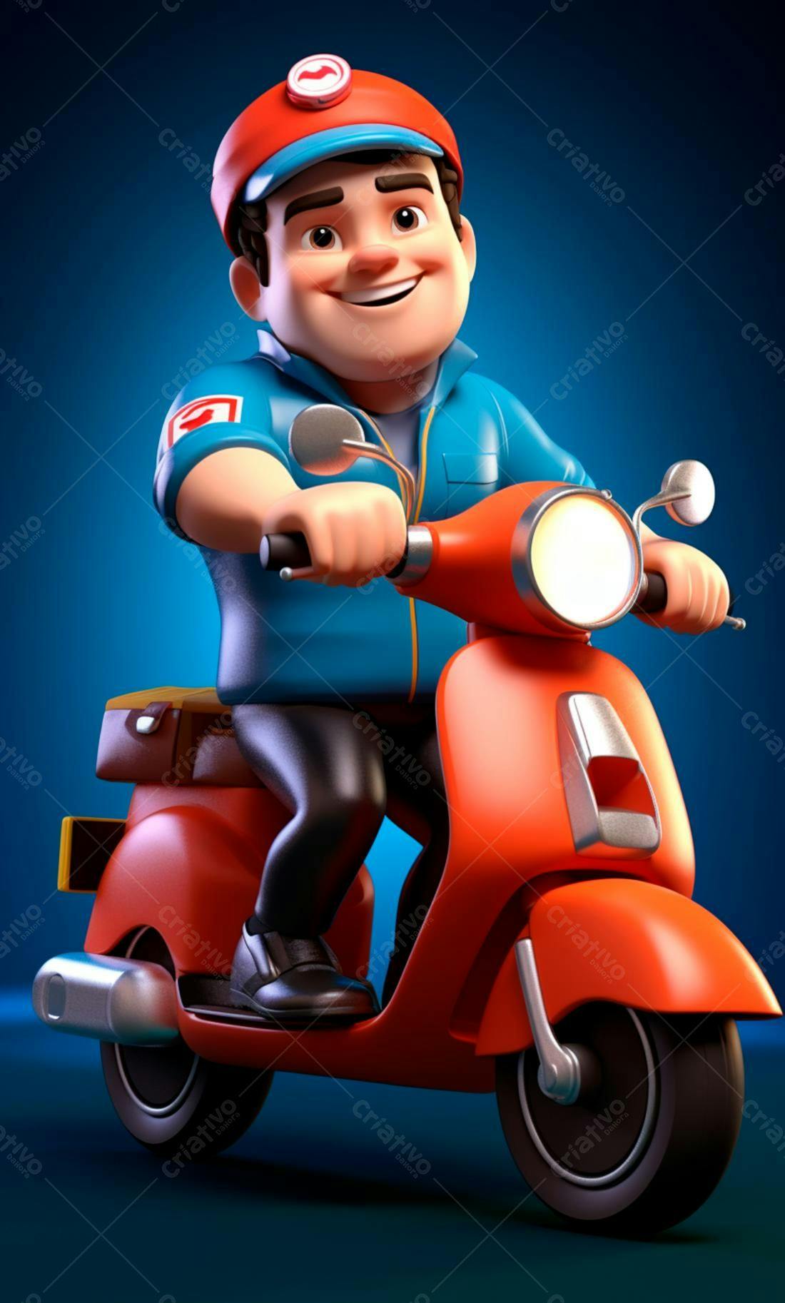 Entregador alegre em scooter vermelha