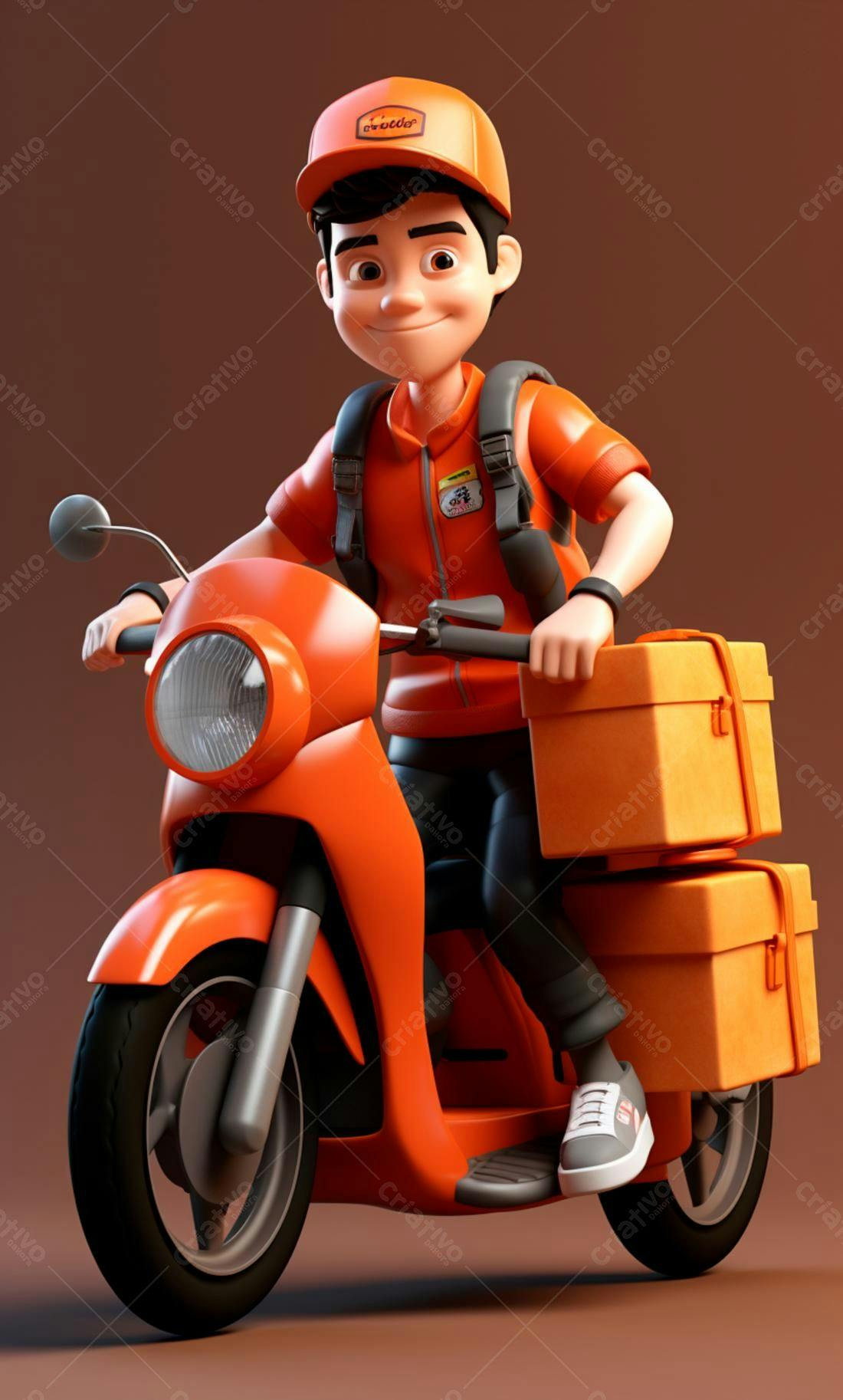 Entregador sorridente em moto laranja