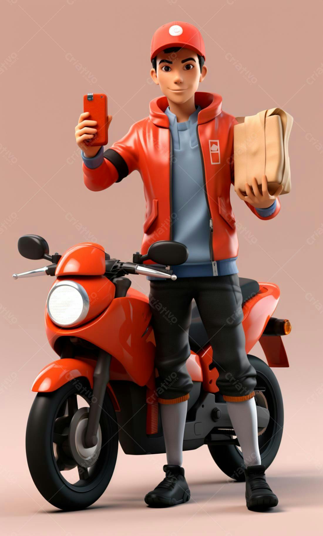 Entregador com moto e pedido em mãos