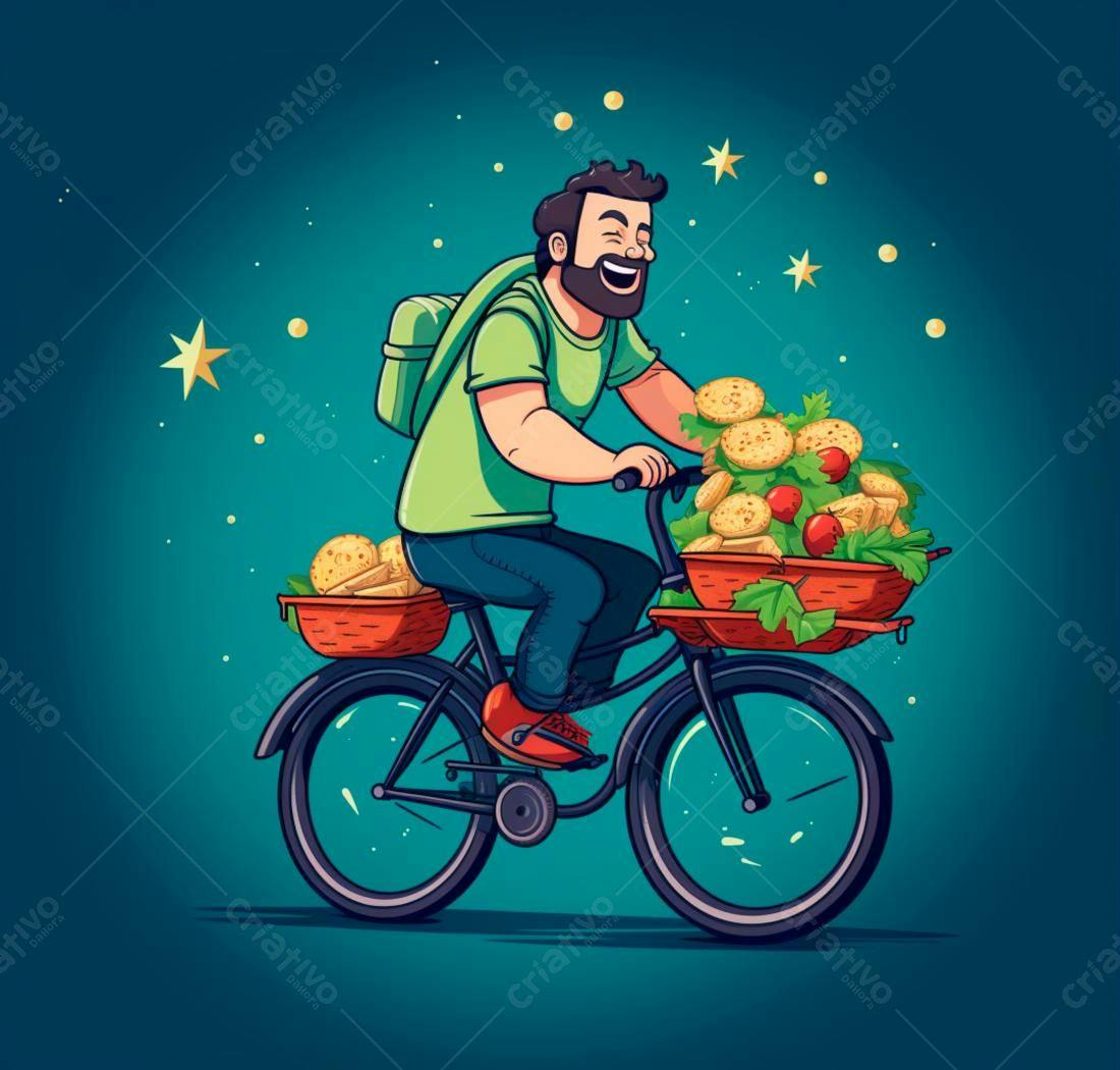 Homem feliz pedalando bicicleta com cestas de comida
