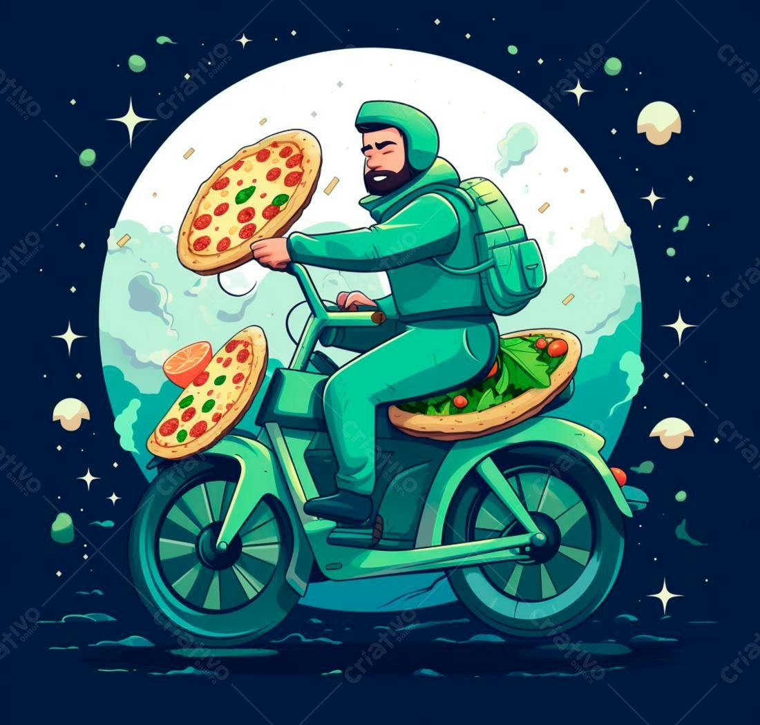 Motoboy entregando pizzas no espaço