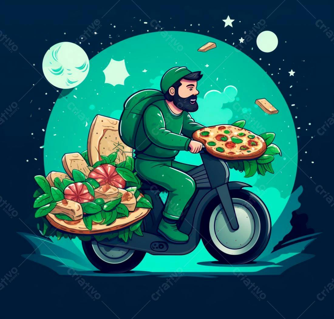 Motoboy entregando pizza e salada noite estrelada