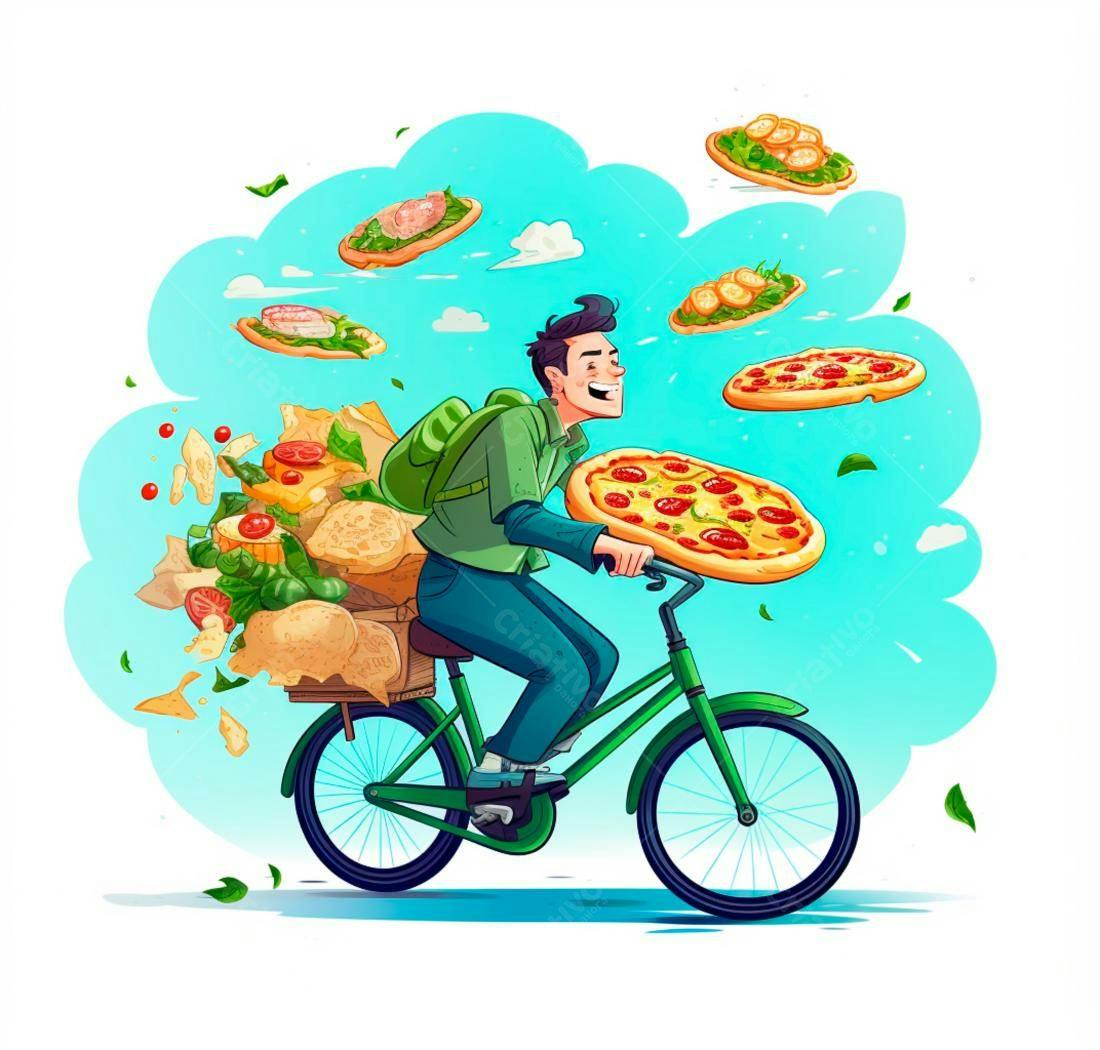 Entregador de pizza de bicicleta com mochila