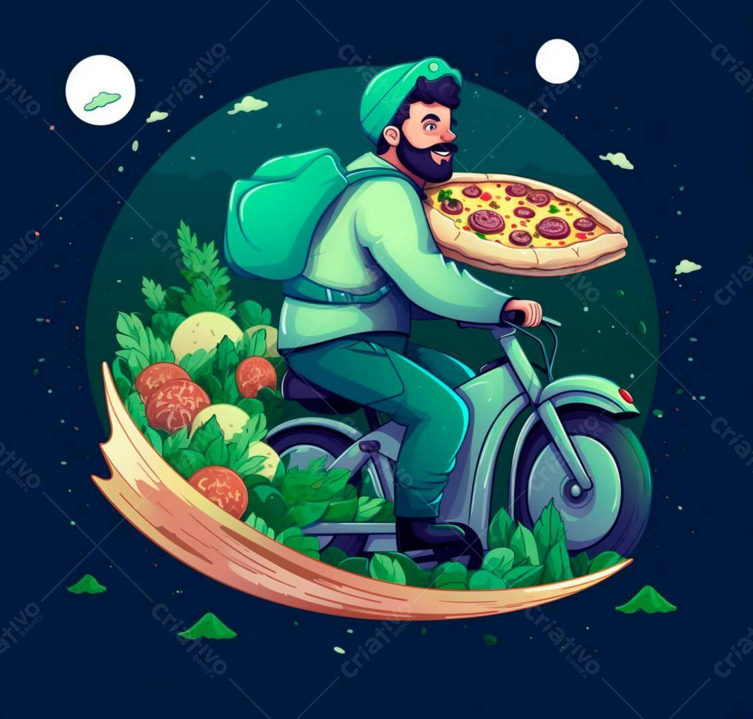 Motoboy entregando pizza em noite escura