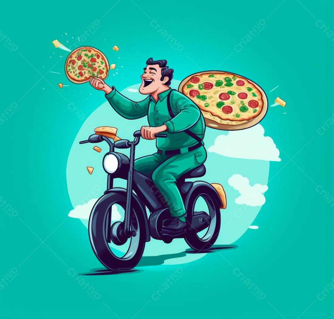 Entregador feliz em moto com pizzas