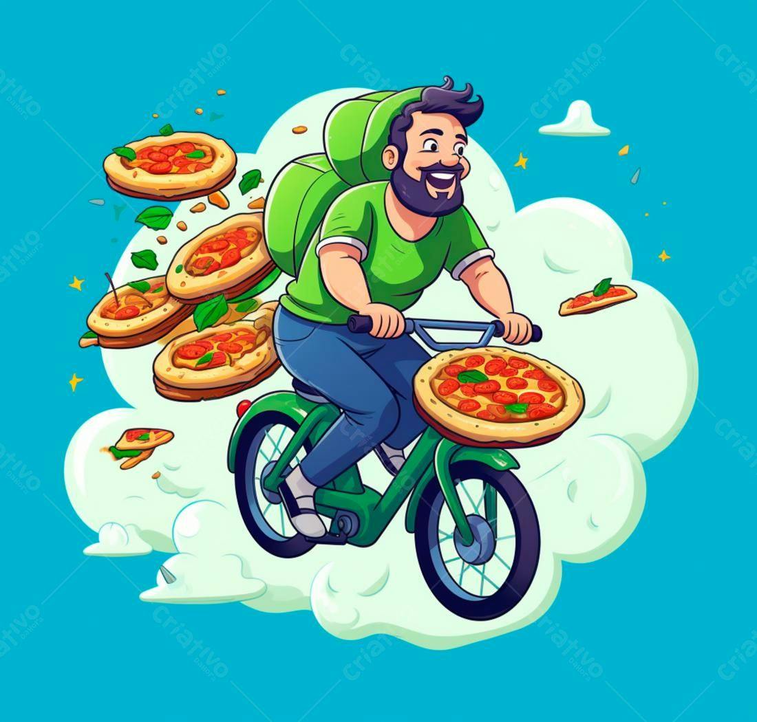 Entregador de pizza feliz pedalando