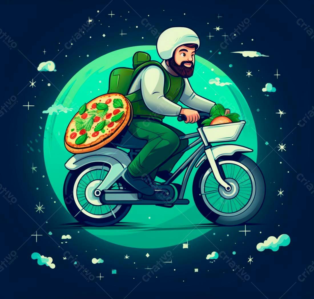Entregador de pizza em bicicleta noturna