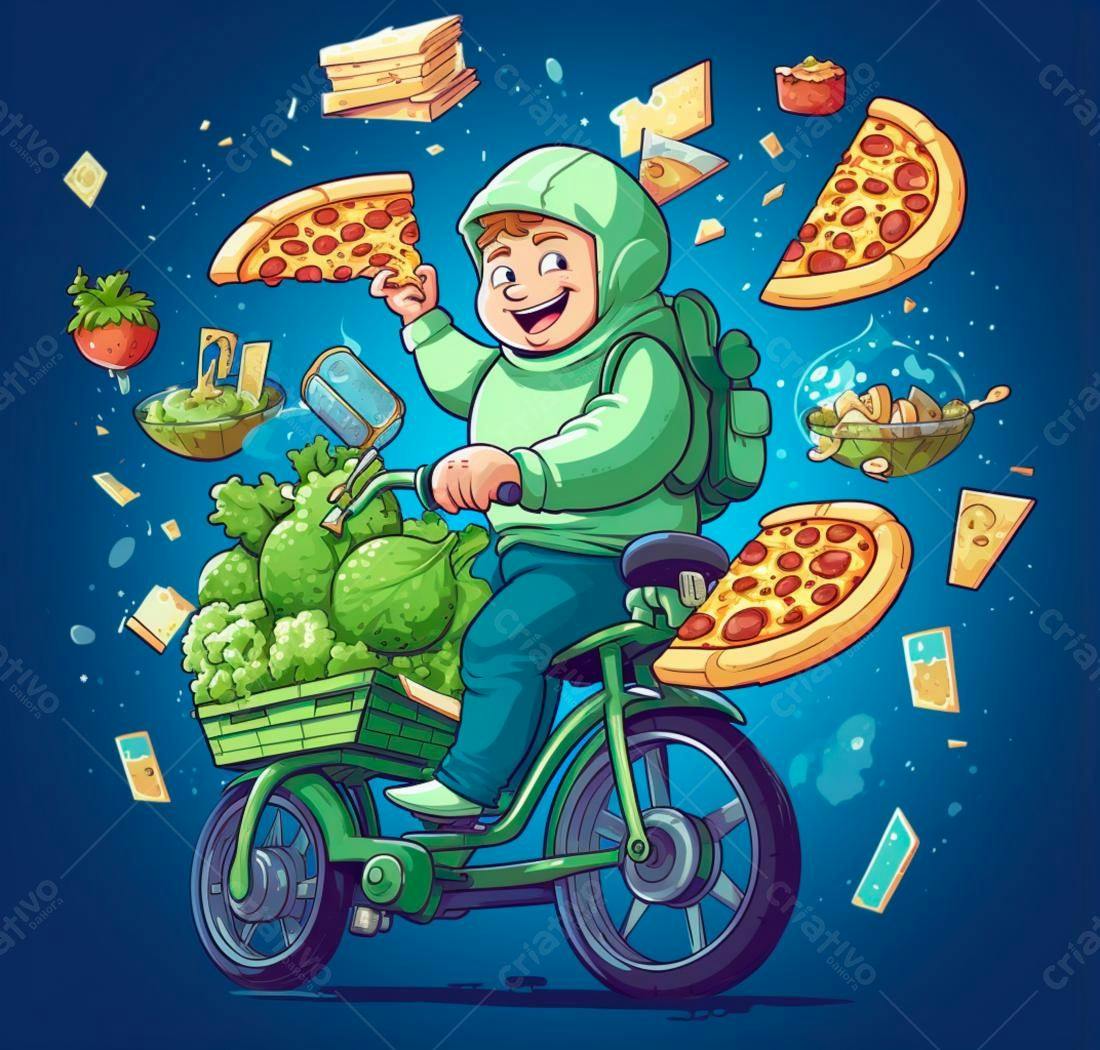 Menino feliz entregando comida de bicicleta