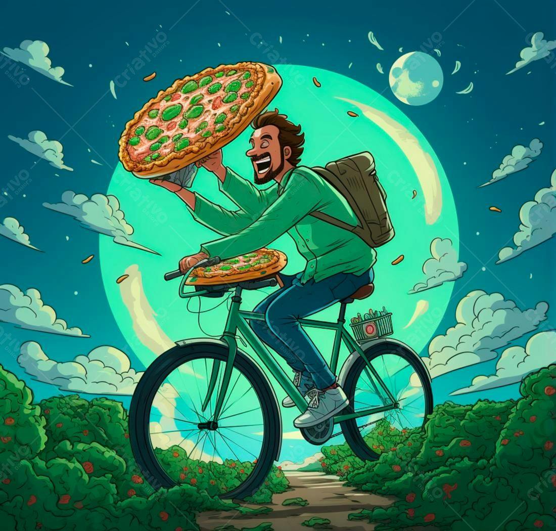 Entregador de pizza feliz pedalando de noite