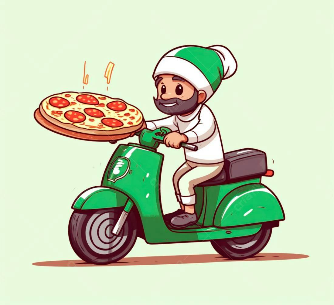 Entregador de pizza em scooter verde