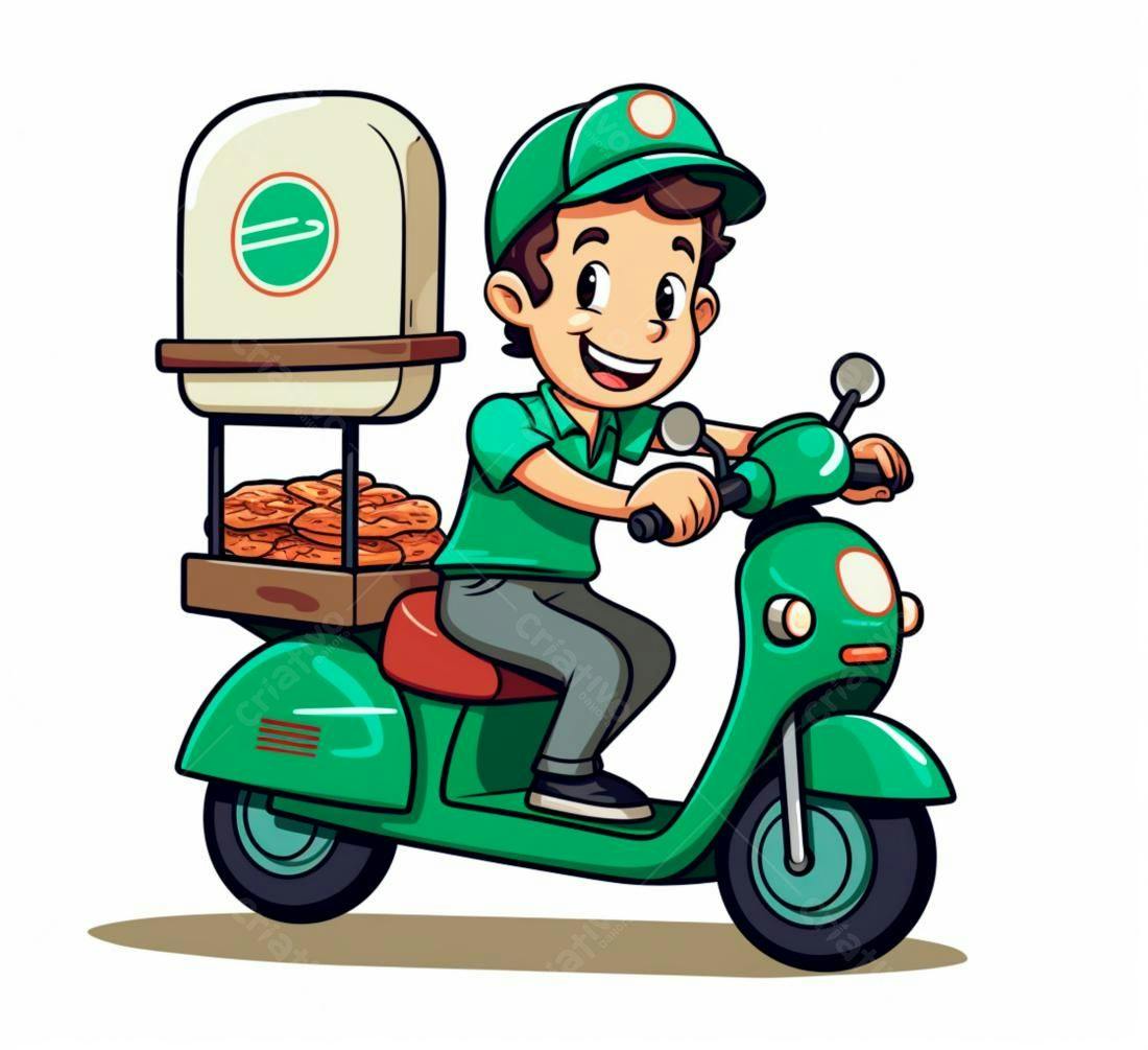Entregador feliz em moto verde entregando biscoitos
