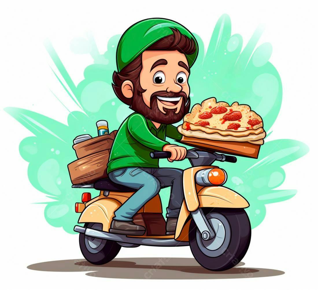 Entregador de pizza em moto estilo cartoon