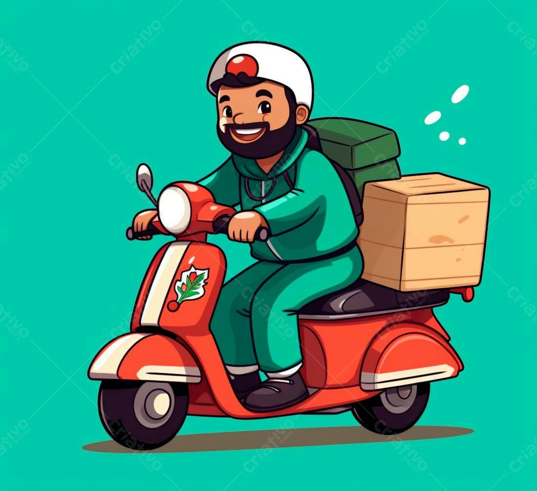 Entregador sorridente em scooter vermelha