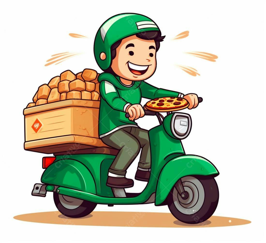 Entregador feliz em moto verde entregando pizzas