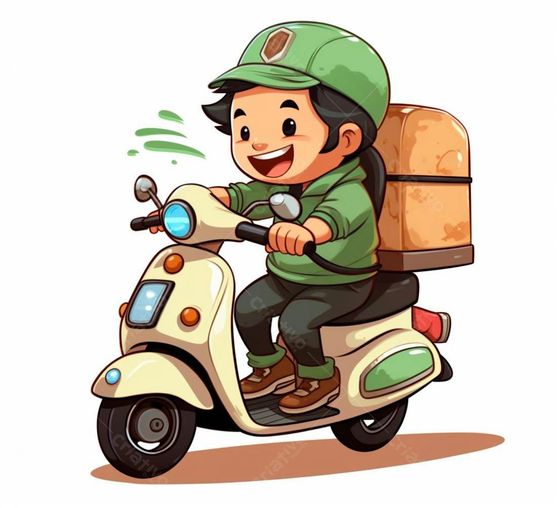 Entregador alegre em scooter entregando pão