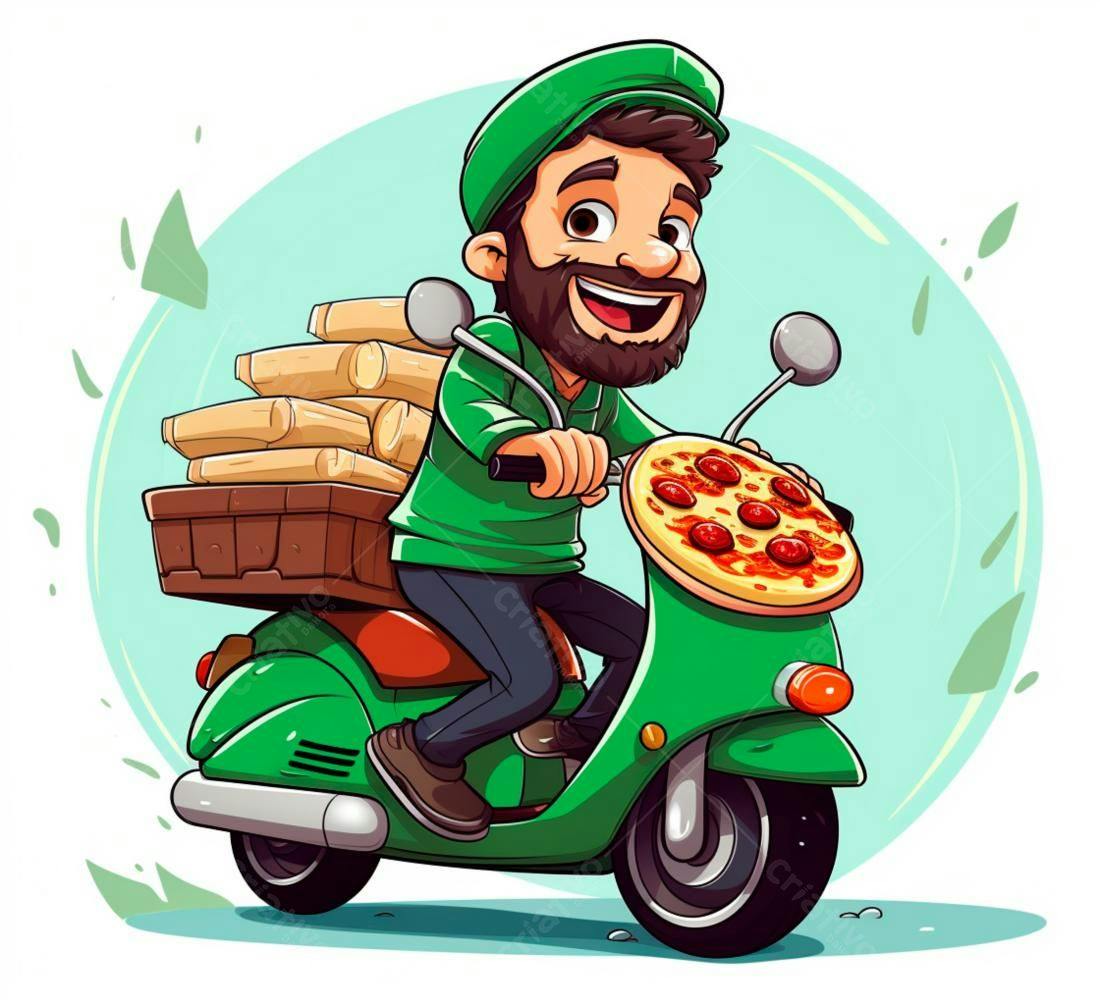 Entregador de pizza feliz em scooter verde