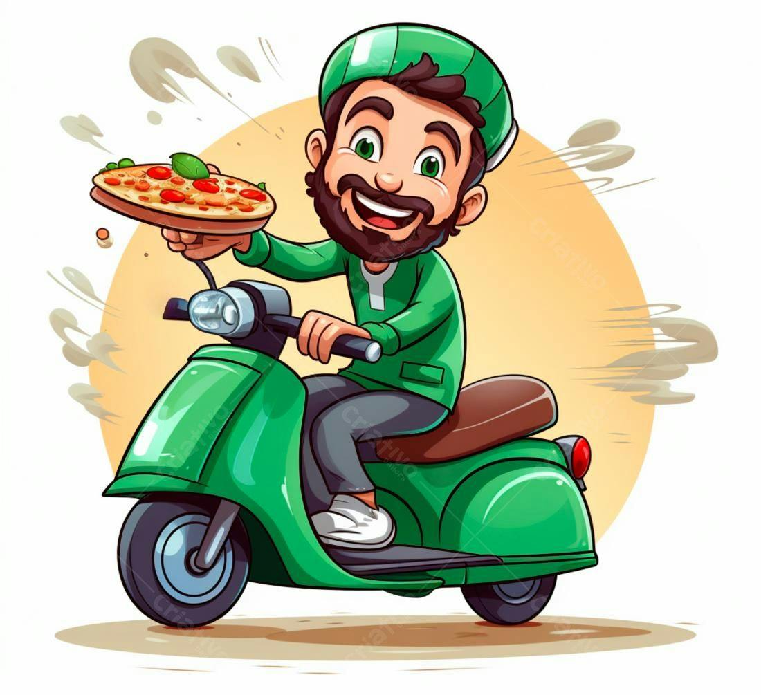 Entregador sorridente em scooter verde entregando pizza