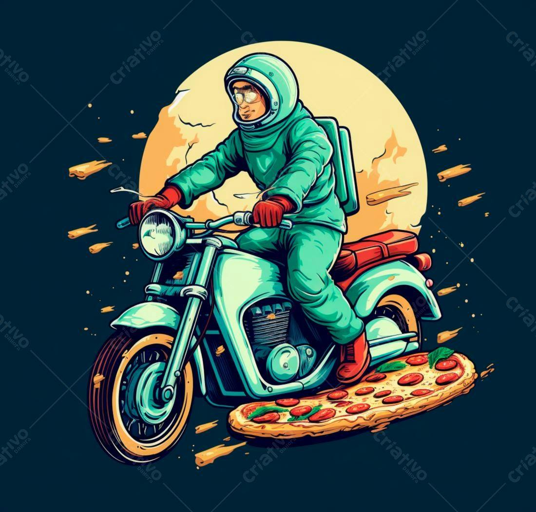 Astronauta entregador de pizza em moto