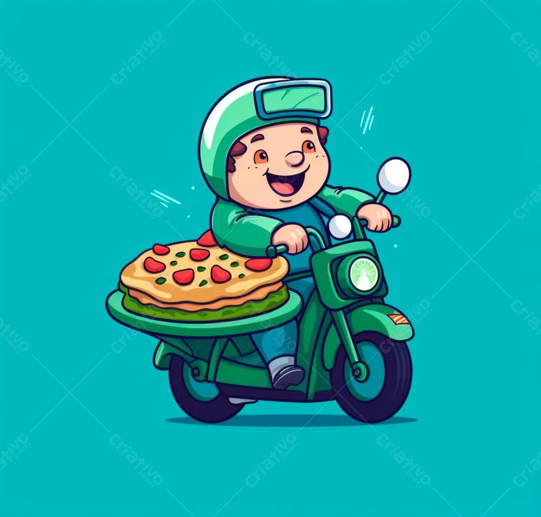 Entregador feliz em moto entregando pizza