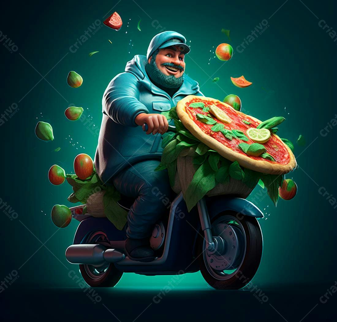 Entregador de pizza feliz em moto