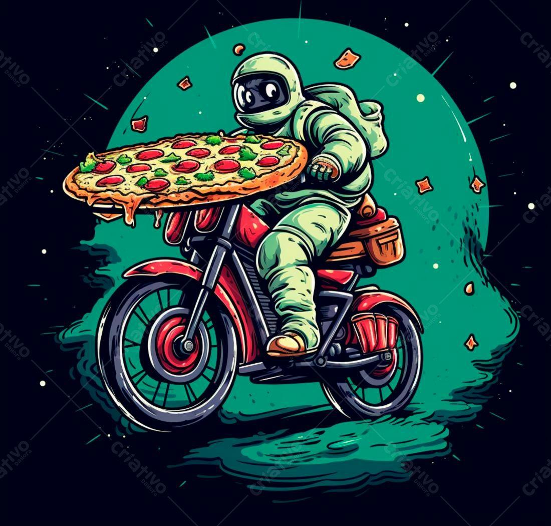 Astronauta entregando pizza de moto no espaço