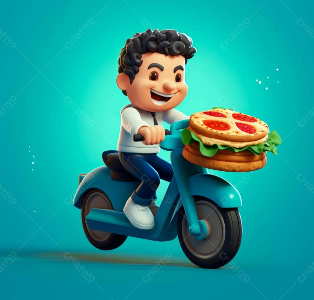 Entregador em moto entregando pizza gigante