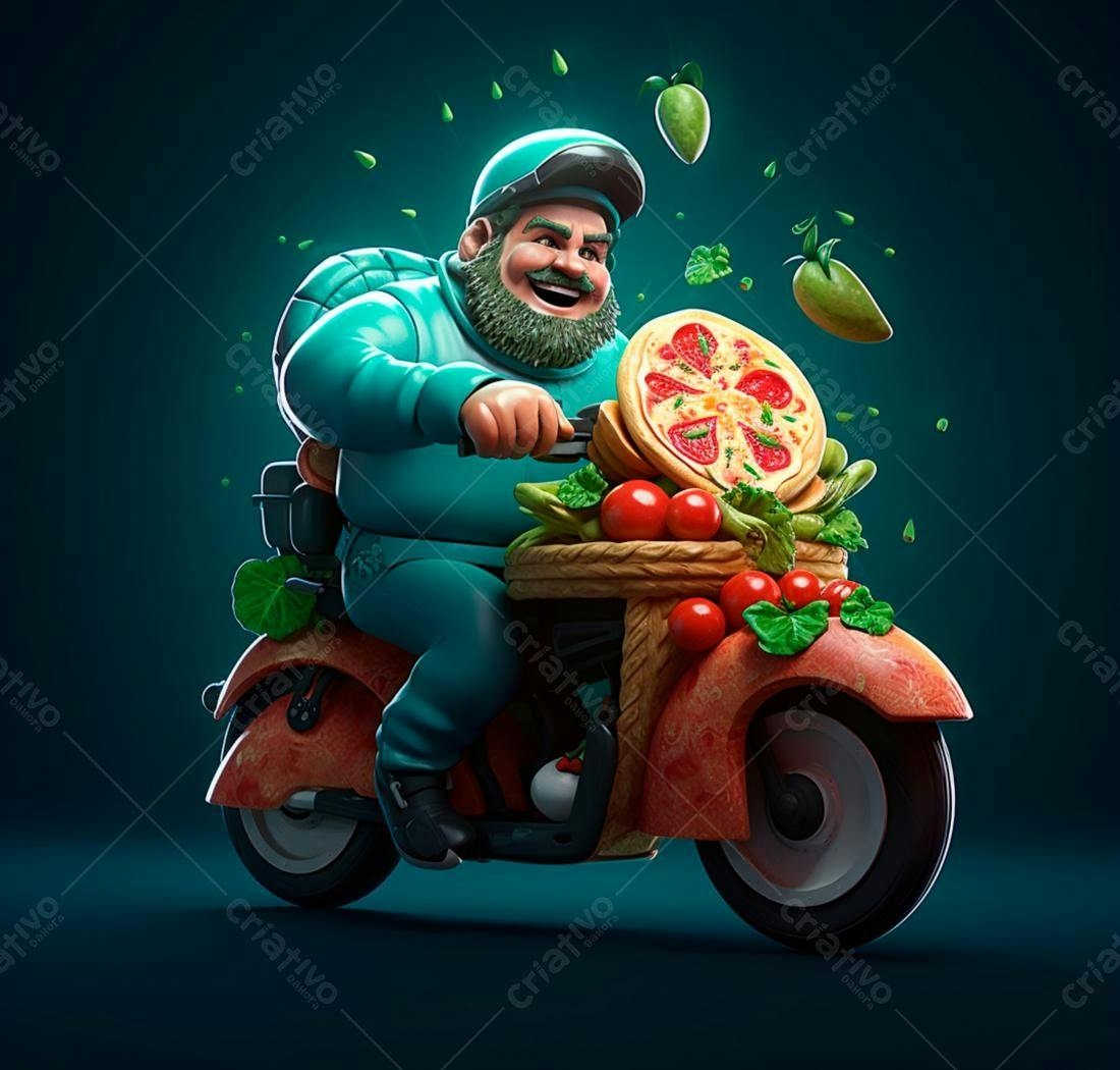 Entregador de pizza alegre em moto customizada