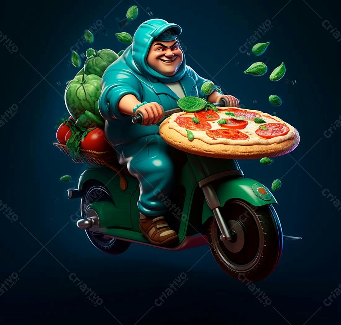Entregador de pizza em scooter com vegetais