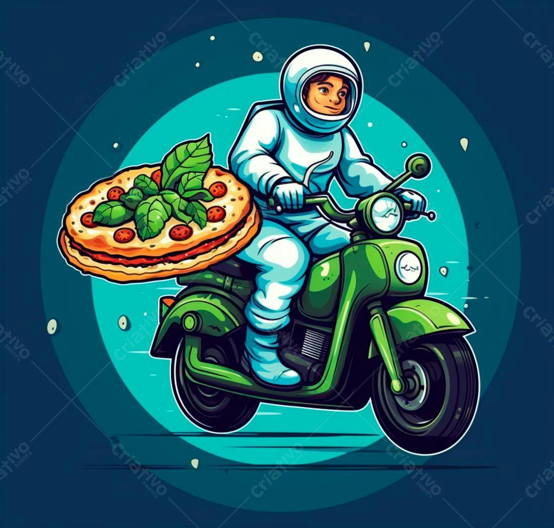 Astronauta entregando pizza em scooter
