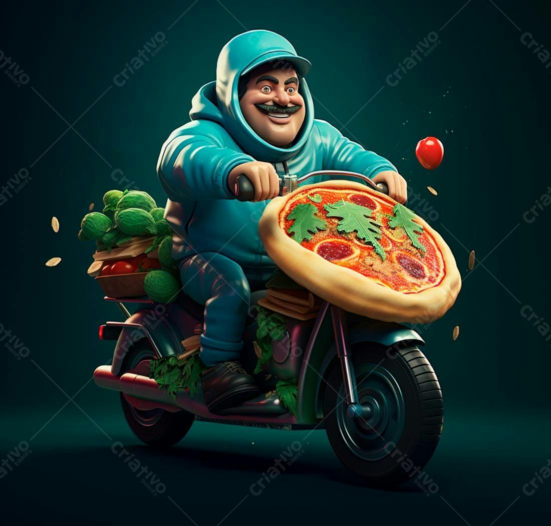 Entregador de pizza em moto com legumes