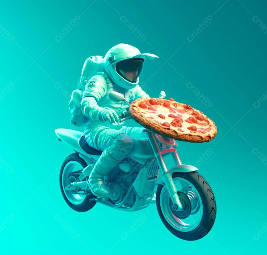 Astronauta entregando pizza em moto