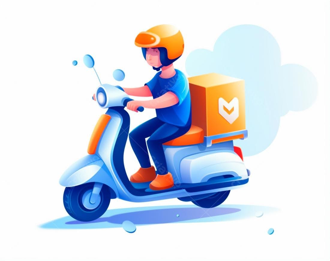 Entregador em moto entregando pacote