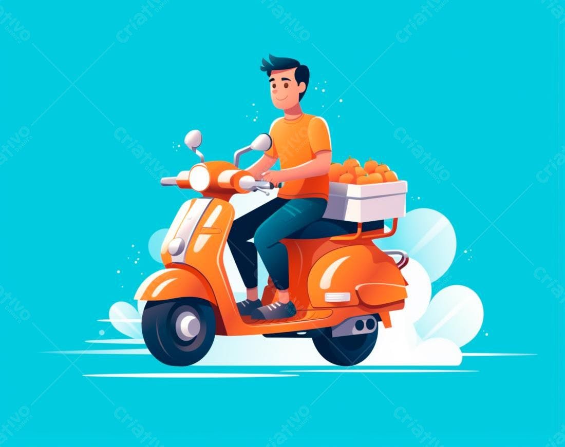 Entregador em scooter laranja transportando laranjas