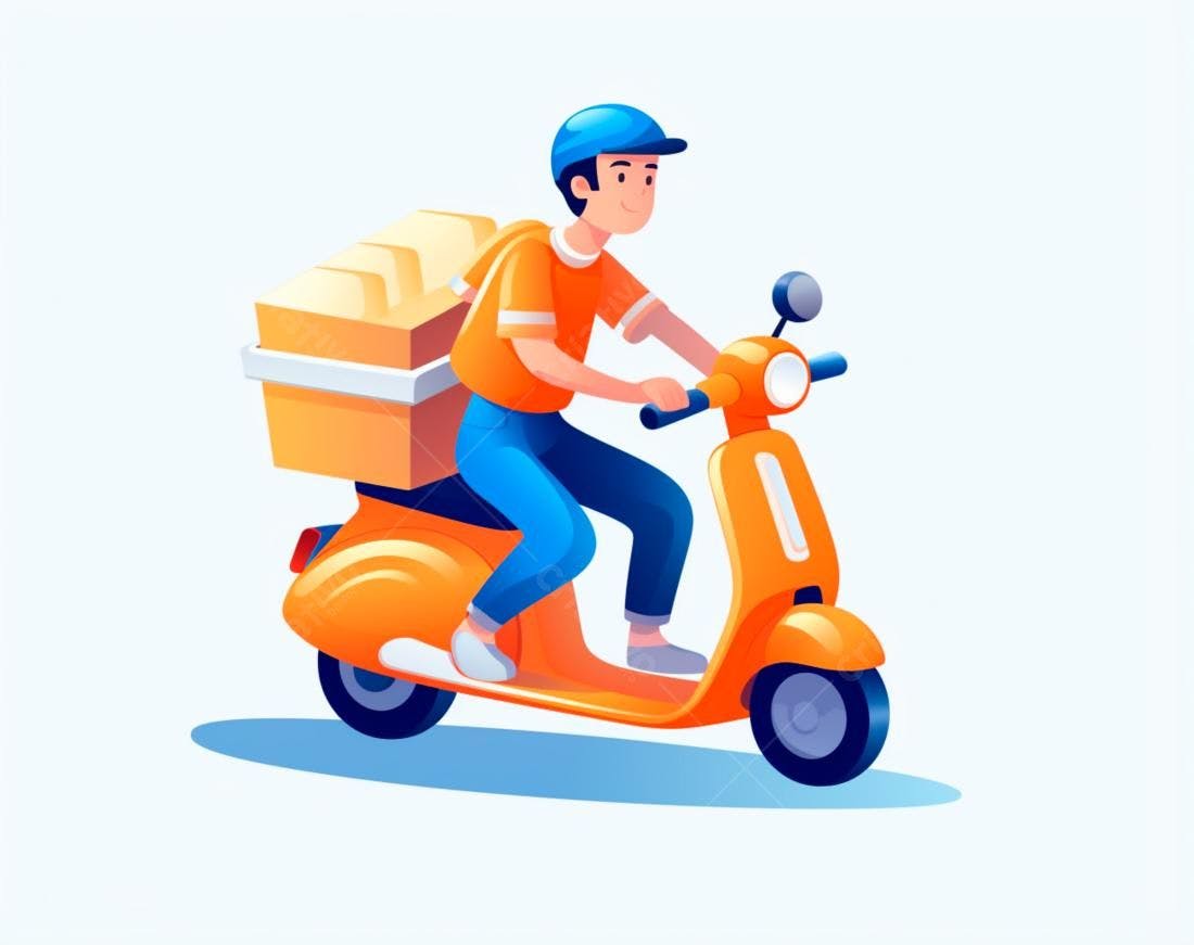 Entregador em moto laranja fazendo entrega