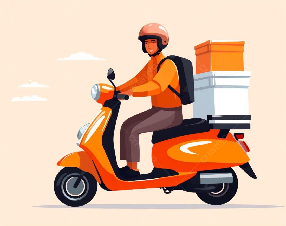 Entregador em scooter laranja fazendo entregas