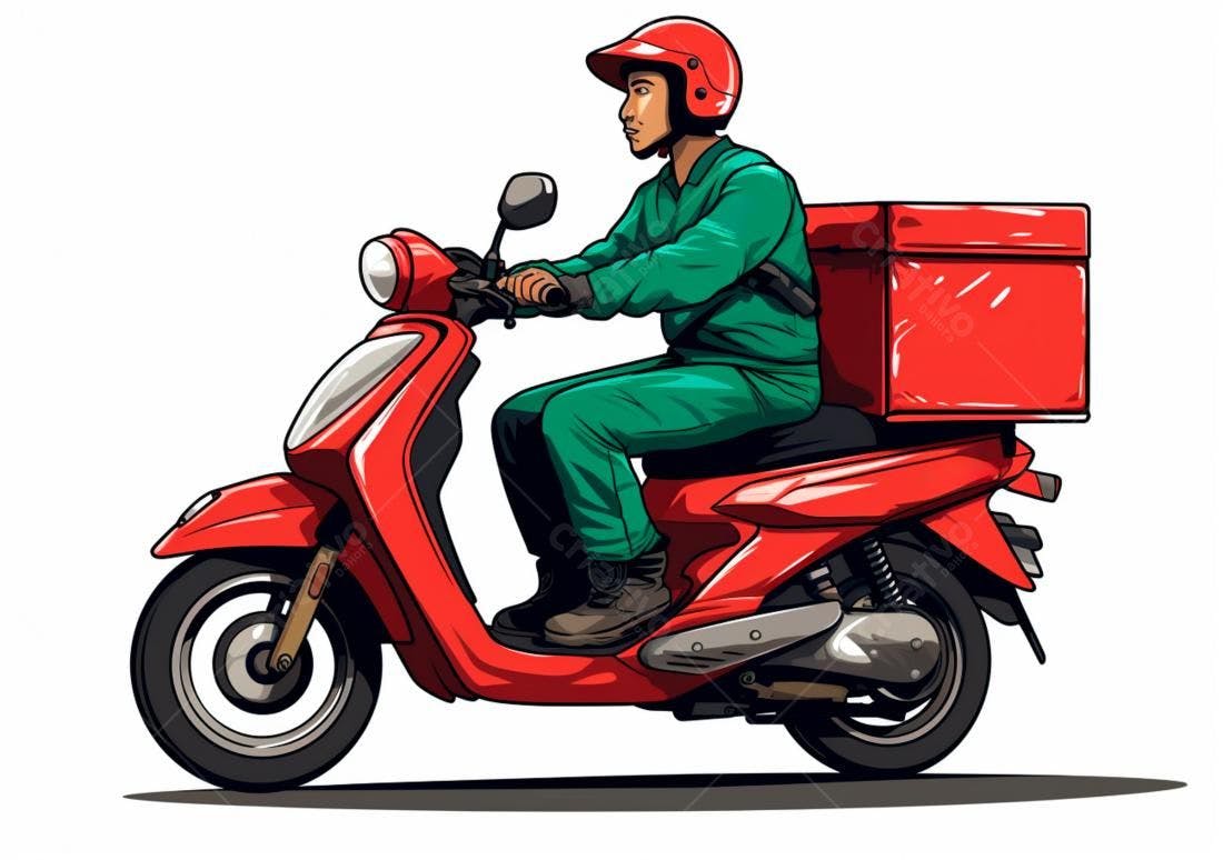Entregador em moto vermelha com caixa de entrega