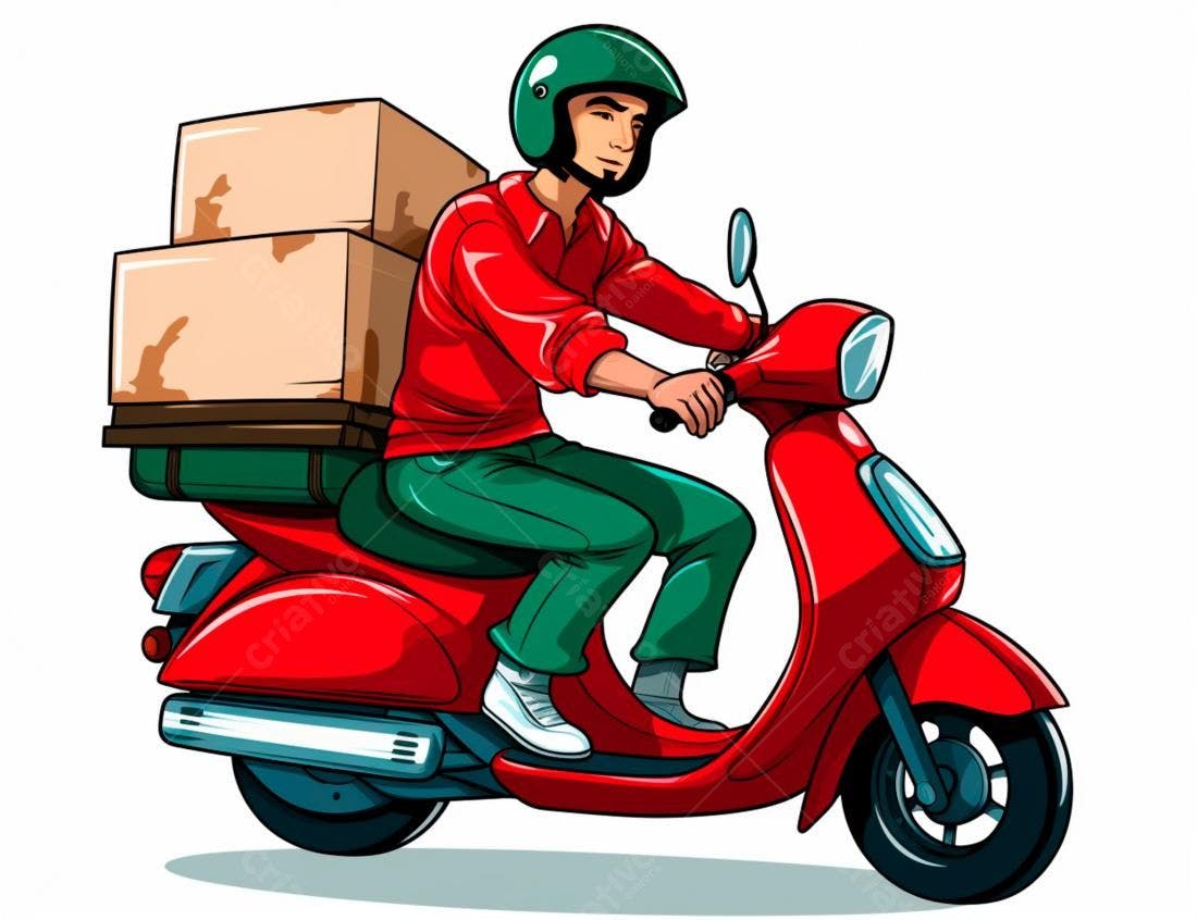 Entregador em moto vermelha com encomendas