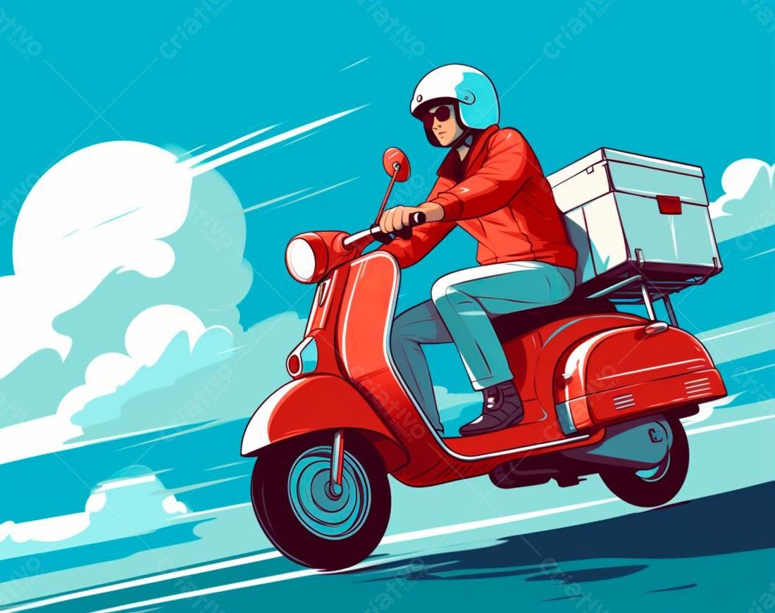 Entregador em Vespa vermelha em dia ensolarado