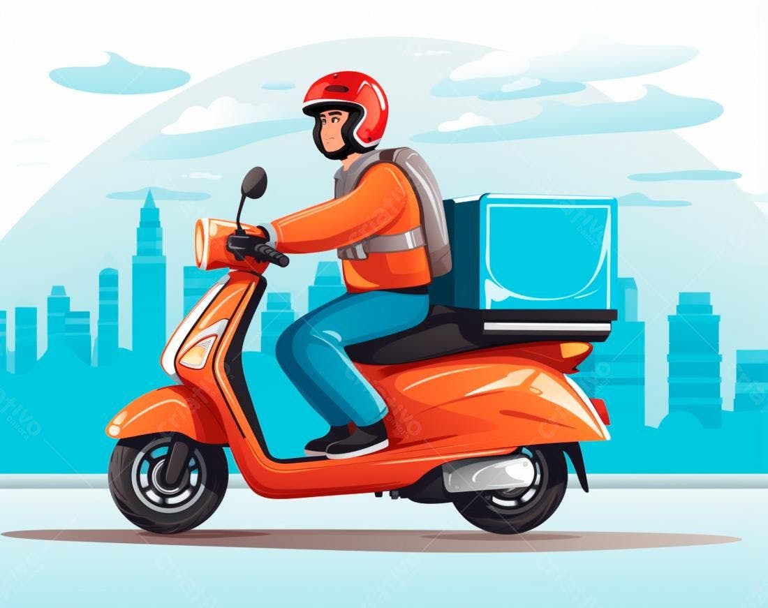 Entregador em moto laranja na cidade