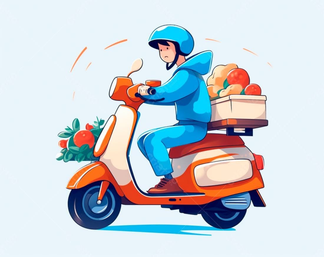 Entregador em scooter com frutas e legumes