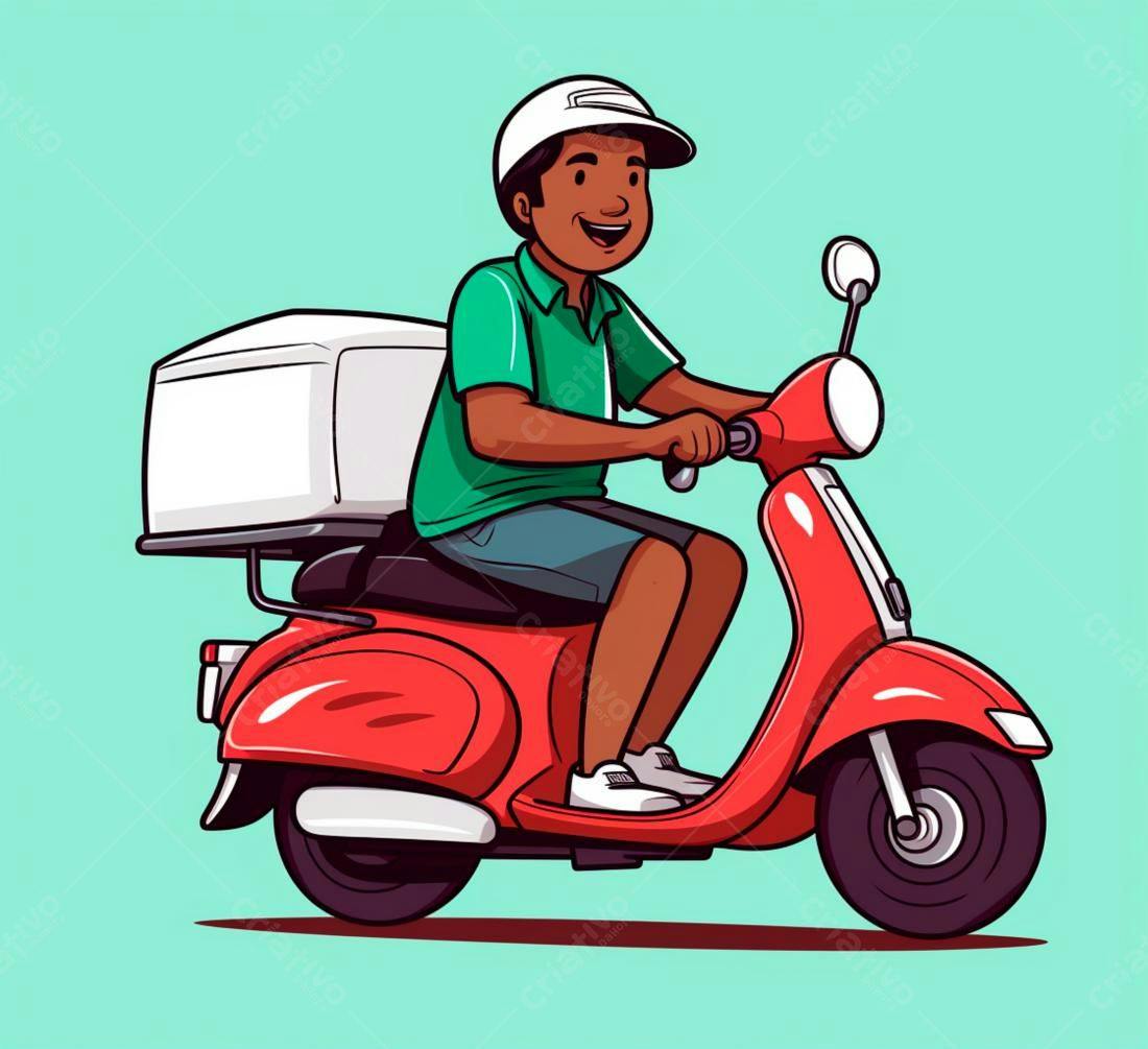 Entregador feliz em scooter vermelha