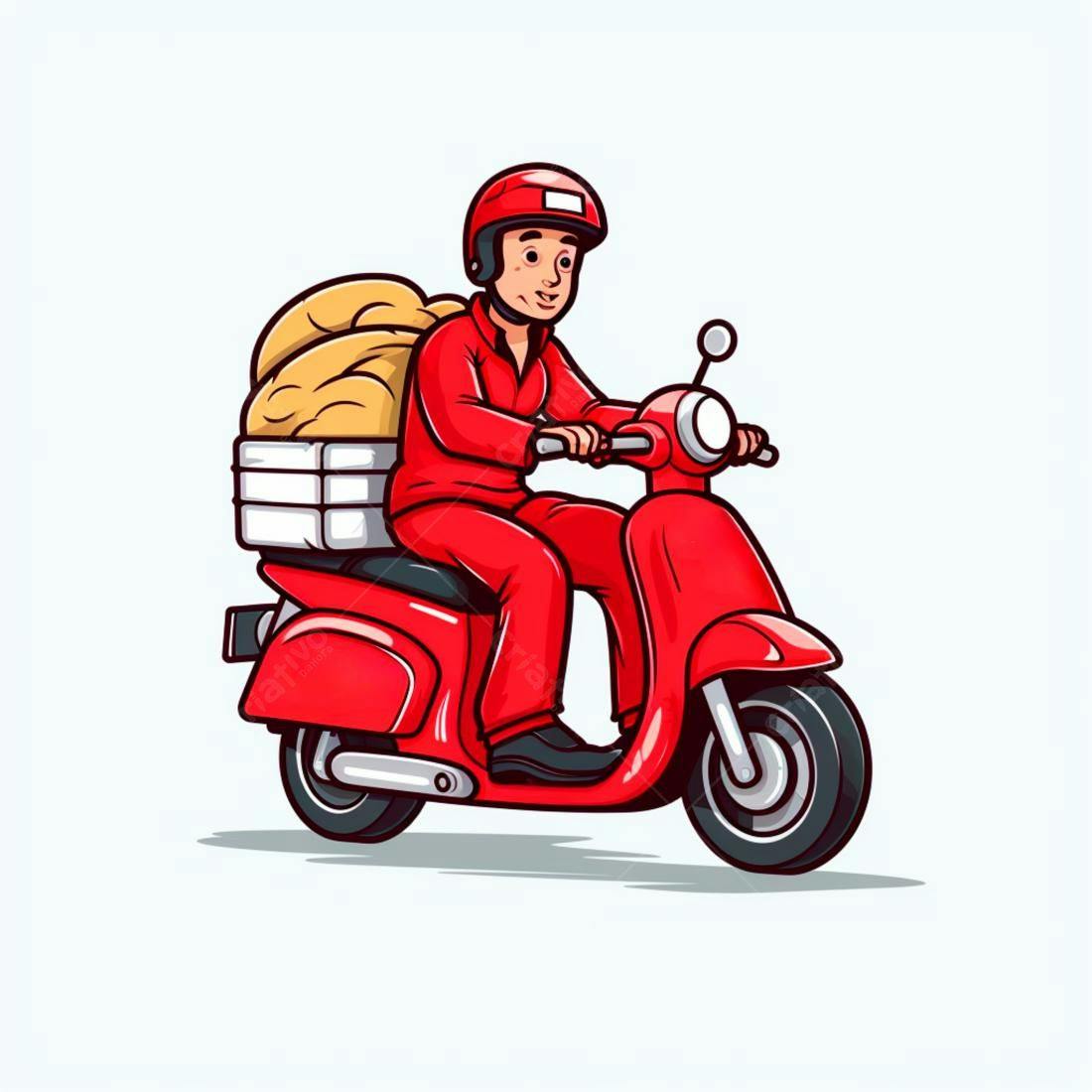 Entregador em moto vermelha transportando pães